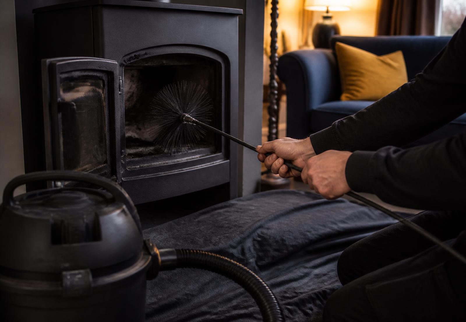 Chimney sweep using rotary rods at a wood-burning stove with dust sheets down